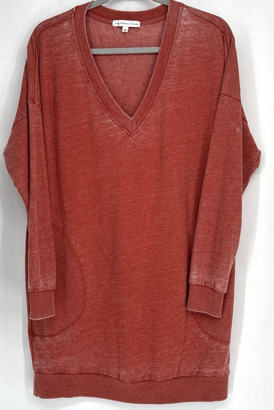 Young Fabulous & Broke Jersey Sweatshirt Tunic Top Size S Coral V-Neck Burnout